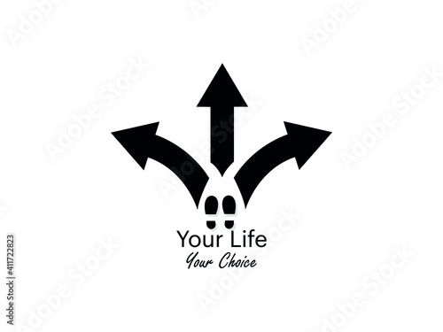 Feet and arrows Vector illustration. Pair of foot standing road, creative and idea concept. infographic three different choices indicated by arrows