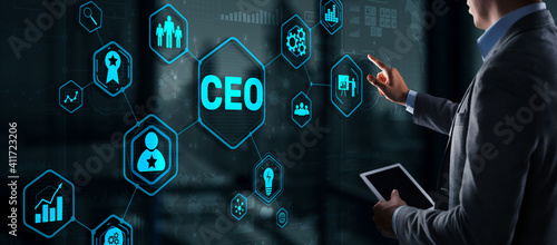 CEO concept. Businessman pressing virtual screen inscription boss. photo
