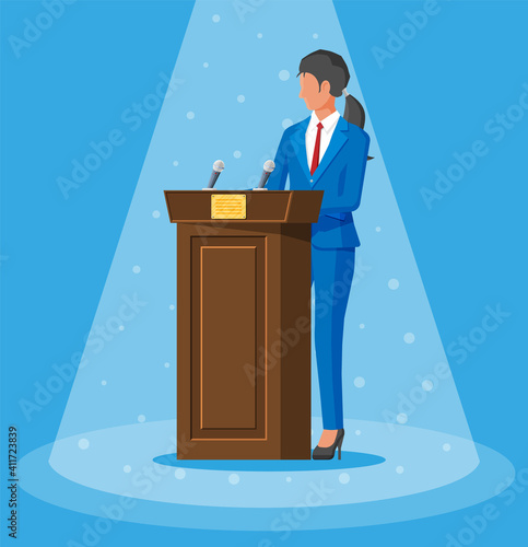 Orator speaking from tribune. Public speaker. Wooden rostrum with microphones for presentation. Stand, podium for conferences, lectures debates. Political and ballot. Flat vector illustration