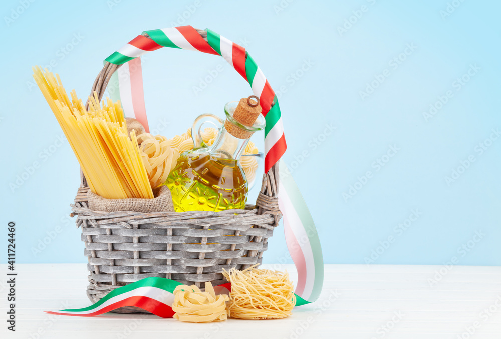 Various types of Italian pasta and olive oil