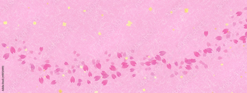 ピンク色の和紙に舞う桜の花びらの背景 ピンク色の和紙に舞う桜の花びらの背景