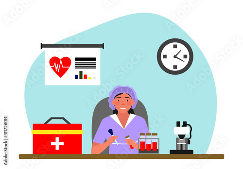 Medical tests template. chemical laboratory analysis - modern flat vector concept digital illustration of laboratory analysis. woman laboratory assistance with microscope, medical office or laboratory