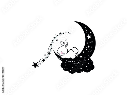 cartoon baby moon and stars in midnight. Abstract moon. rabbit and Magic symbol vector illustration. kids bed background, Flat style for graphic and web design, logo, sticker, mystic tattoo