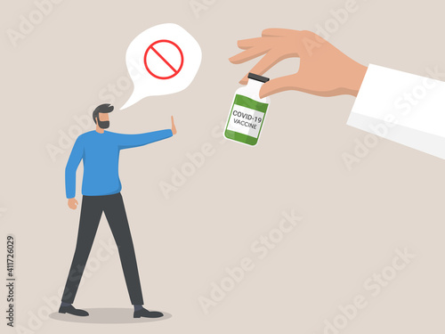 Refusal of medical vaccination. man rejecting medical injection. Refuse vaccine medication. Anti coronavirus vaccination protest.