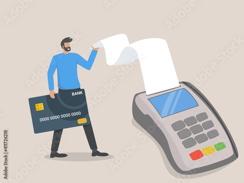 illustration payment by card. contactless payment. online purchase. man using a bank card to the terminal