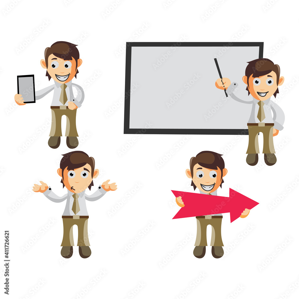 Business man cartoon character Illustration design creation Set with different gestures Business man cartoon character Illustration design creation Set with different gestures