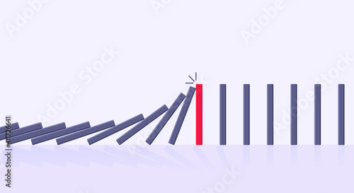 Domino effect business concept. Line in a row of falling board game blocks of dominoes flat style vector illustration. Business bankruptcy or crisis, risk chain reaction and finding solution metaphor.