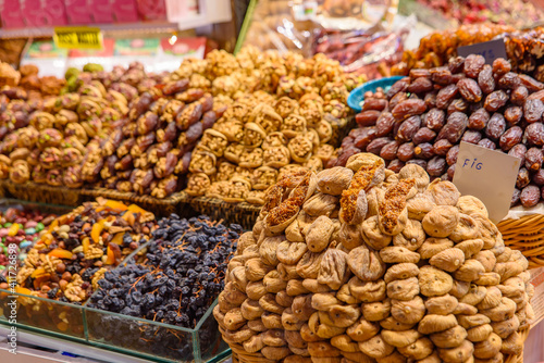 Stall selling dried fruits in Spice Bazaar (Egyptian Bazaar), a covered market in Istanbul, Turkey