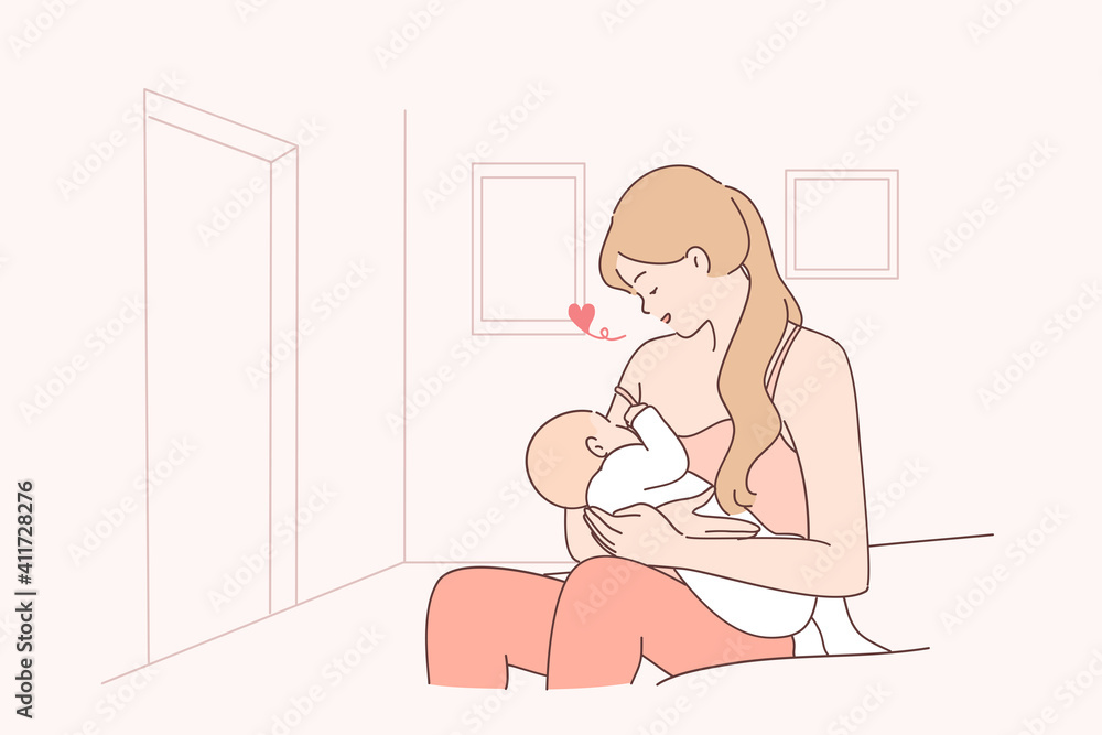 Motherhood, breastfeeding, family concept. Young happy loving woman mother sitting and breastfeeding her little baby infant at home feeling care and endless love vector illustration Motherhood, breastfeeding, family concept. Young happy loving woman mother sitting and breastfeeding her little baby infant at home feeling care and endless love vector illustration