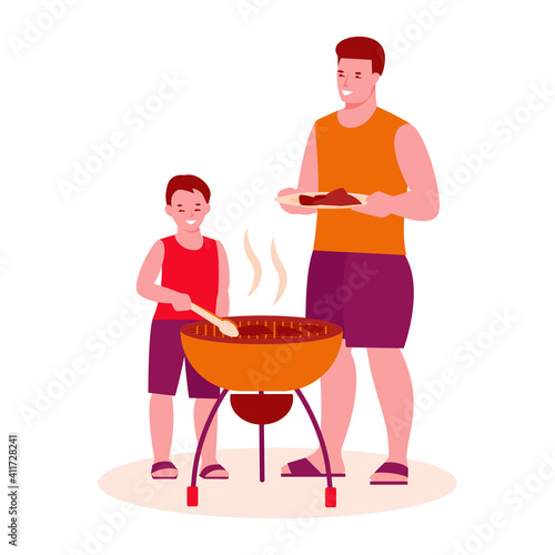 Father and son are preparing a barbecue grill. Family picnic, party, outdoor food. Vector illustration in flat style. Isolated on a white background.
