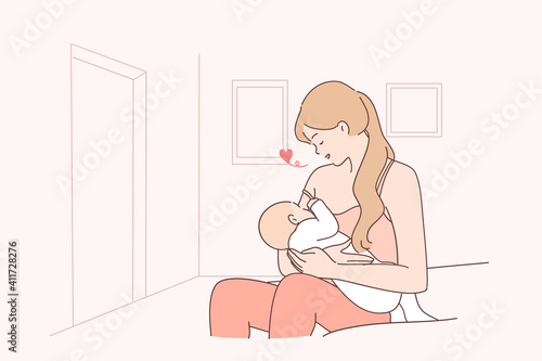 Motherhood, breastfeeding, family concept. Young happy loving woman mother sitting and breastfeeding her little baby infant at home feeling care and endless love vector illustration 