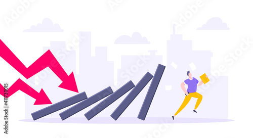 Domino effect or business resilience metaphor vector illustration concept. Adult young businessman run away from falling domino line business concept problem solving and danger domino chain reaction.