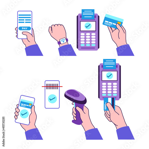 Contactless payment set. Hand holding device. POS terminal, credit card, smartphone, smartwatch, barcode scanner. NFC, online banking. Cashless transaction concept. Flat vector illustration.