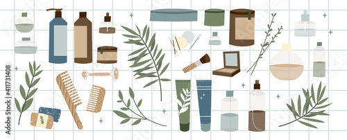Natural skin care. Organic cruelty-free cosmetics. Vegan makeup. Herbal beauty products for face and body care. Vector flat cartoon illustration