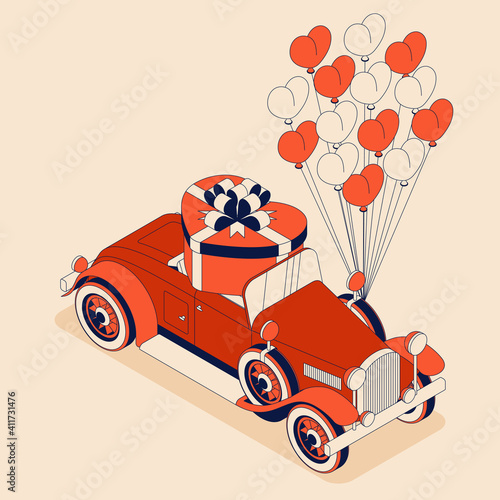 Retro car convertible with gift box heart shape and many balloons. Vintage car from 30s in red color. Greeting card for a holiday like birthday, Valentines Day, Womens Day. Vector illustration