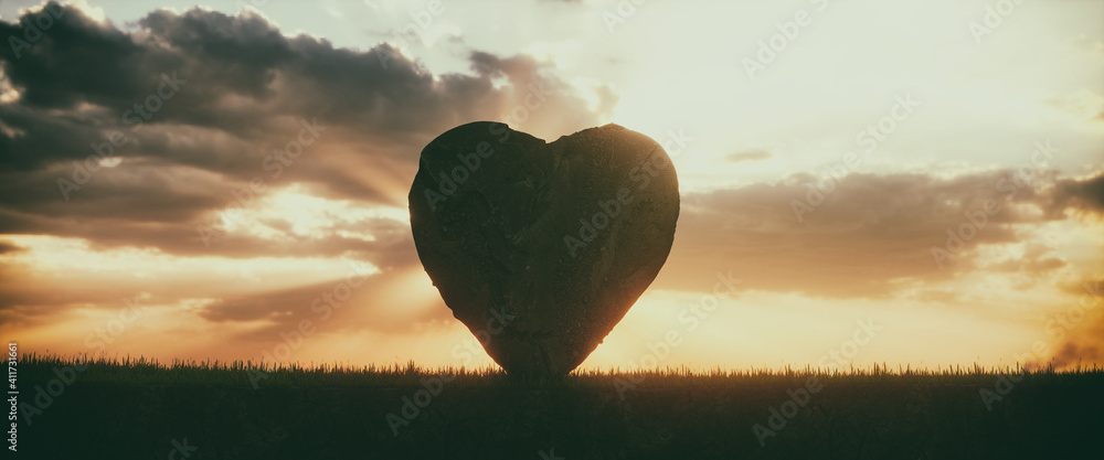 Fototapeta premium Illustration of the heart of stone on the sunset sky background, 3d render 