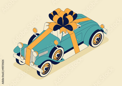 Retro car convertible with huge bow. Vintage car from 30s in blue color. Greeting card for a holiday like birthday. Vector illustration