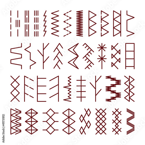 Set of sewing machine stitches isolated on white background. Vector illustration