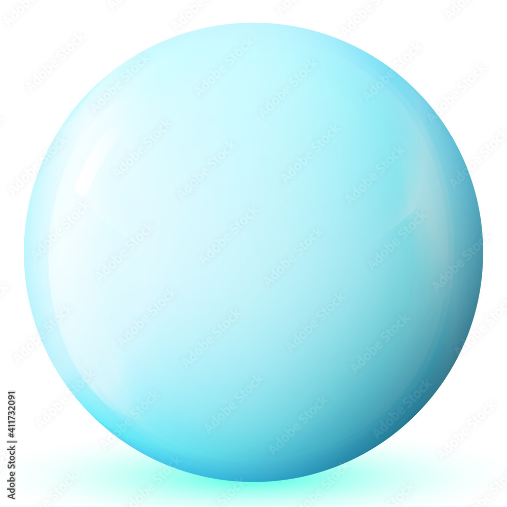 Glass blue ball or precious pearl. Glossy realistic ball, 3D abstract vector illustration highlighted on a white background. Big metal bubble with shadow.