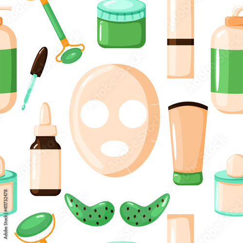 Seamless cosmetic pattern in a flat style.