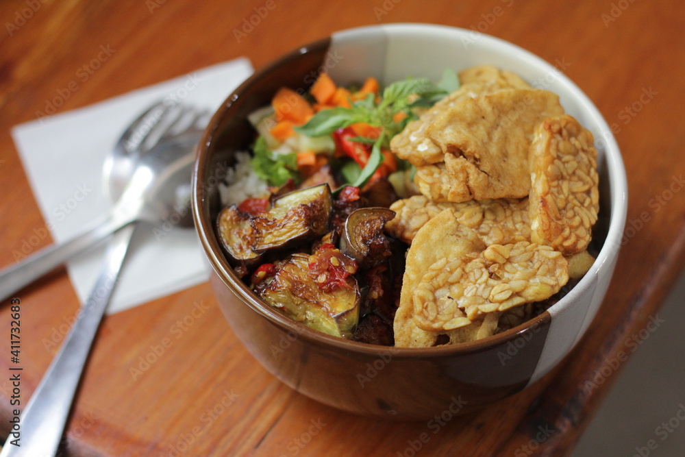 rice with tempeh and eggplant spicy sauce rice with tempeh and eggplant spicy sauce