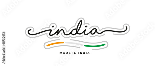 Made in India new modern handwritten typography calligraphic logo sticker Indian flag ribbon banner