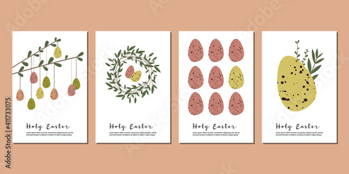 Set of Easter cards. Cute easter egg, nest, branch and leaves. Eco decoration. Vector flat cartoon illustration. Perfect for poster, print, card, invitation, greeting, tag