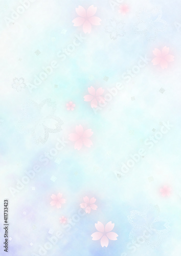 銀箔とふわふわの桜 幻想的な背景 春の和風背景素材（水色×桜色）縦型