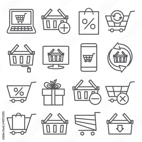 Online shopping line icons on white background