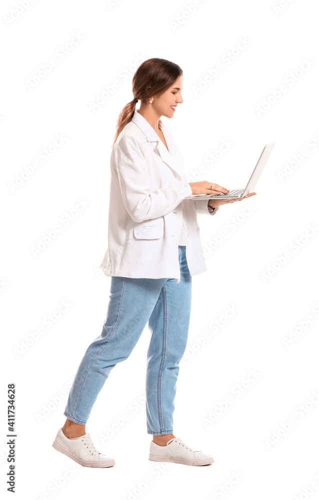 Young woman with laptop on white background Young woman with laptop on white background