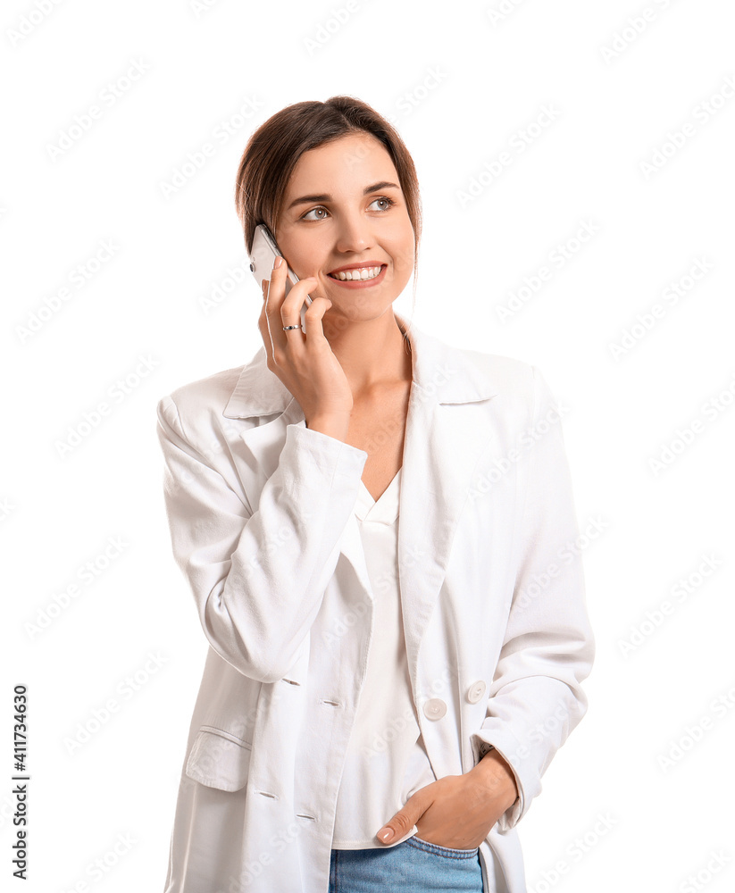 Young woman talking by mobile phone on white background Young woman talking by mobile phone on white background