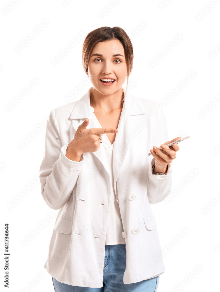 Young woman with mobile phone on white background Young woman with mobile phone on white background