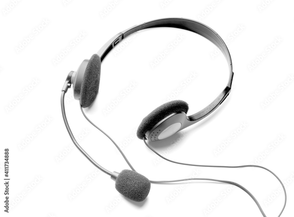 Headphones with microphone on white background Headphones with microphone on white background