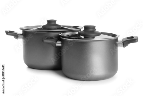 Cooking pots on white background