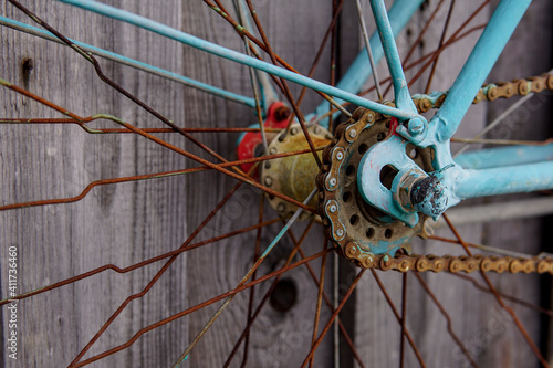 an old rusty bicycle. Bicycle chains and sprockets that are no longer usable due to rust