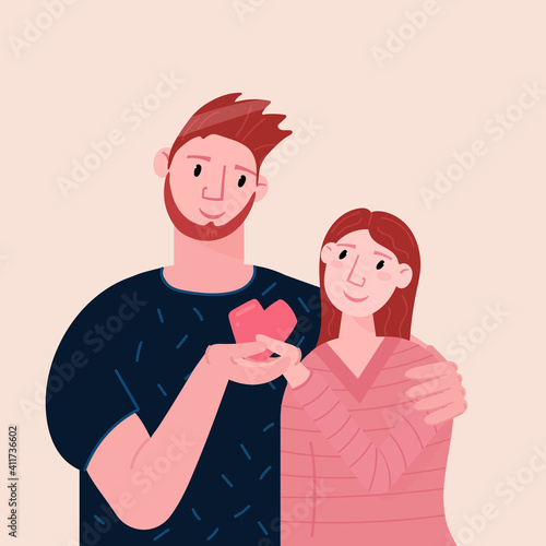 Romantic couple hold heart. Portrait of Man and woman hugging on dating. Valentine's day greeting card with warm cuddling.