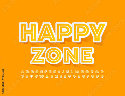 Vector bright sign Happy Zone. Creative Yellow Font. Set of sticker Alphabet Letters and Numbers set