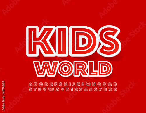 Vector bright emblem Kids World. Red Sticker Font. Modern set of Alphabet Letters and Numbers