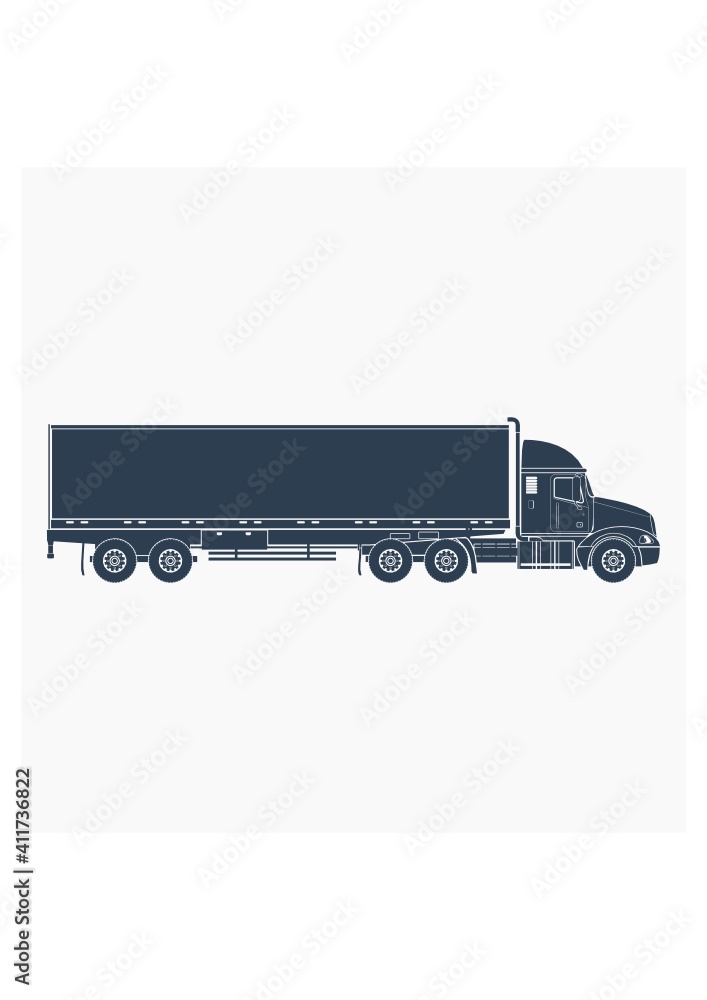 Editable Flat Monochrome Style Side View Trailer Truck Vector Illustration for Vehicle or Shipment Transportation Related Design
