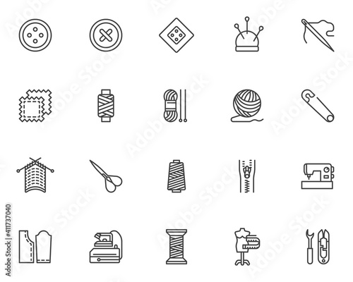 Needlework, sewing line icons set. linear style symbols collection, outline signs pack. vector graphics. Set includes icons as tailor scissors, sewing machine, thread spool, clothing buttons, fabric