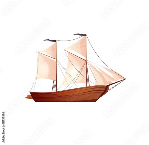 Sailing ship cartoon vector illustration. Wooden boat.