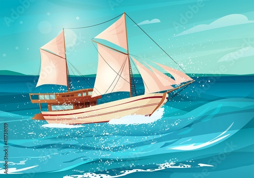 Sailing ship with black flags in the sea. Wooden sailboat on water. Cartoon vector illustration.	
