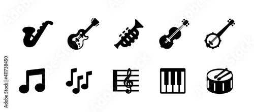 Set of Musical Instruments vector icons. Saxophone, Electric Guitar, Trumpet, Violin, Cello, Banjo, Piano, Keyboard, Drum musical symbols collection
