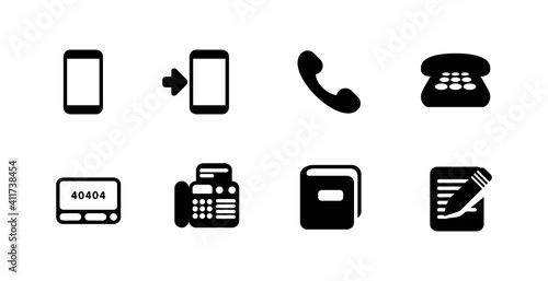 Phone vector icons set. Mobile phone, wireless technology, fax, pager, address book symbols collection