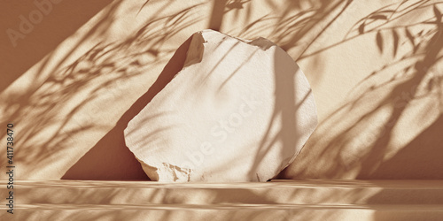 Minimal mockup background with stone podium steps for product presentation. Beige wall with leaf shadows. 3d rendering illustration.