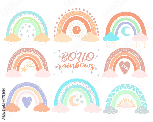 Boho Nursery Rainbow set in trendy Scandinavian style, isolated on a white background. Cute hygge illustration for poster, textile, greeting card, kids playroom wall decor. Hand drawn doodle prints