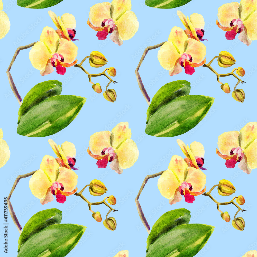 Watercolour hand draw seamless pattern with yellow flowers and leaf of orchid on blue background. Watercolour hand draw seamless pattern with yellow flowers and leaf of orchid on blue background.