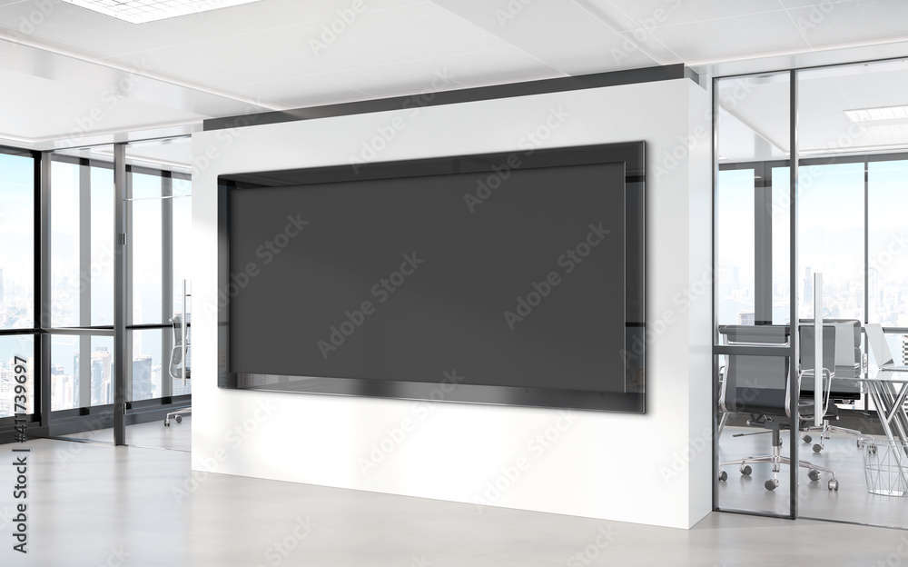Panoramic frame Mockup hanging on office wall. Mock up of a large billboard in modern company interior 3D rendering Panoramic frame Mockup hanging on office wall. Mock up of a large billboard in modern company interior 3D rendering