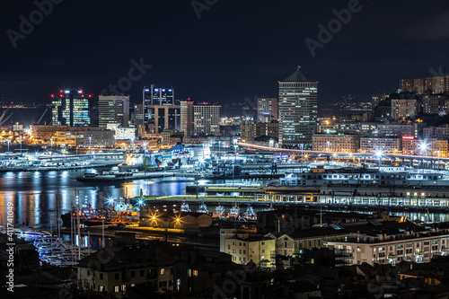 Genova by night from Righi and Castelletto  Italy