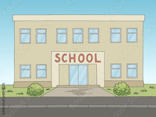 School building front view exterior graphic color sketch illustration vector 